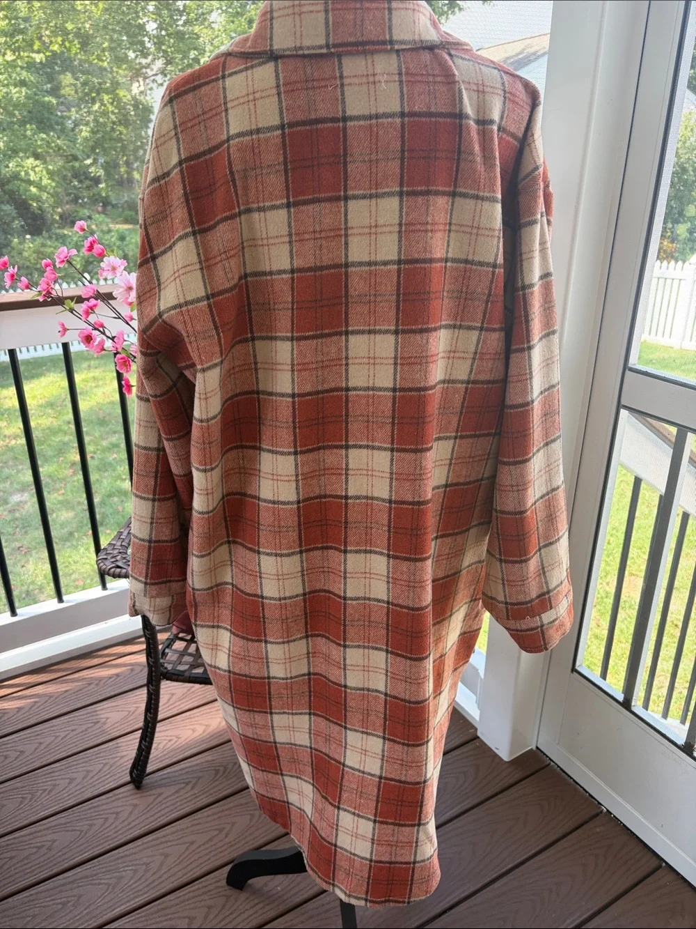 Women’s Long Plaid Shacket Jacket - Rust & Cream
